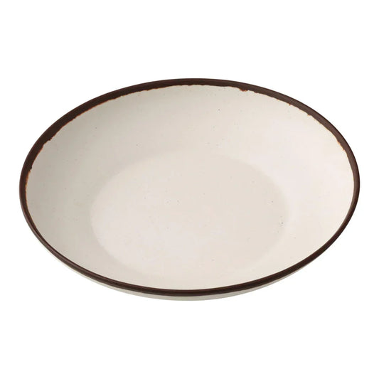Yanco Salad/Pasta Bowl NA-709 Constructed from melamine, this bowl combines durability with a practical design for frequent use. Its elegant ivory speckled finish with a brown rim enhances the visual appeal, adding sophistication to any dining setup. The melamine material is not only break-resistant but also dishwasher safe, making cleanup effortless and suitable for high-volume dining establishments. 