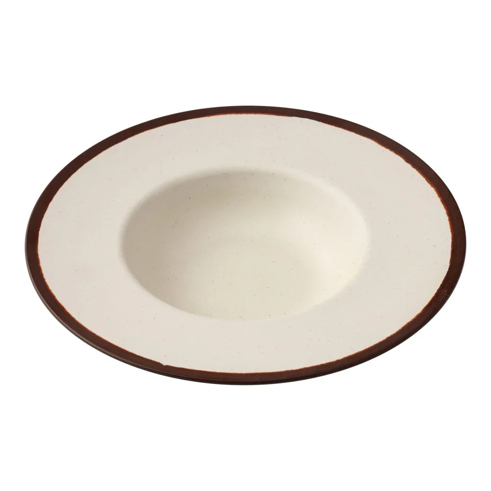 Yanco Dessert Plate NA-710 This round plate is crafted from melamine, offering a solid and long-lasting option for serving desserts and small dishes. Featuring an ivory speckled finish with a brown rim, the plate adds a refined touch to any dining setting. The melamine material ensures that the plate is break-resistant and easy to clean, being dishwasher safe for convenience. 