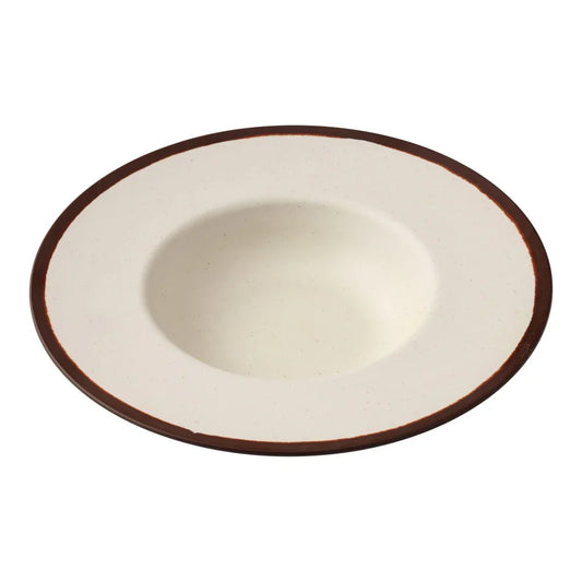 Yanco Dessert Plate NA-710 This round plate is crafted from melamine, offering a solid and long-lasting option for serving desserts and small dishes. Featuring an ivory speckled finish with a brown rim, the plate adds a refined touch to any dining setting. The melamine material ensures that the plate is break-resistant and easy to clean, being dishwasher safe for convenience. 