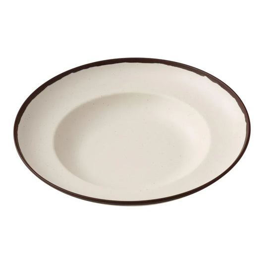 Yanco Mediterrean Pasta Bowl NA-810 Crafted from melamine, this bowl is designed to be both durable and stylish, fitting seamlessly into various dining environments. Its white color with an ivory speckled finish and brown rim adds a refined touch to any table setting. With a 12-ounce capacity, this bowl is perfect for serving pasta, salads, or other side dishes. The melamine material ensures that the bowl is break-resistant and can withstand daily use in hotels, restaurants, and cafes. 