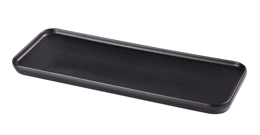 Yanco Rectangular Plate NB-513 Made from high-quality melamine, this plate is both solid and lightweight. Its rectangular shape and break-resistant nature make it ideal for frequent use in commercial dining settings. This plate is designed to be dishwasher safe, ensuring easy and efficient cleaning, which is essential for busy hospitality environments. The black color with a speckled finish and brown rim adds a touch of sophistication, enhancing the presentation of any appetizer or dessert. 