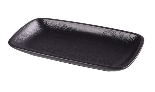 Yanco Rectangular Plate NB-514 Made from high-quality melamine, this plate is both solid and lightweight. Its rectangular shape and break-resistant nature make it ideal for frequent use in commercial dining settings. This plate is designed to be dishwasher safe, ensuring easy and efficient cleaning, which is essential for busy hospitality environments. The black color with a speckled finish and brown rim adds a touch of sophistication, enhancing the presentation of any appetizer or dessert. 