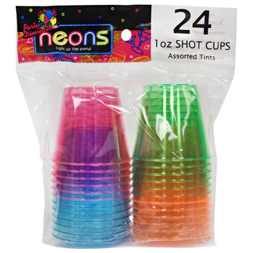Neon Mix 1oz plastic tumblers, vibrant shot glasses for parties, bars, and events. Assorted neon colors, reusable or disposable, perfect for drinks, tastings, and glow parties. Fun and festive design.