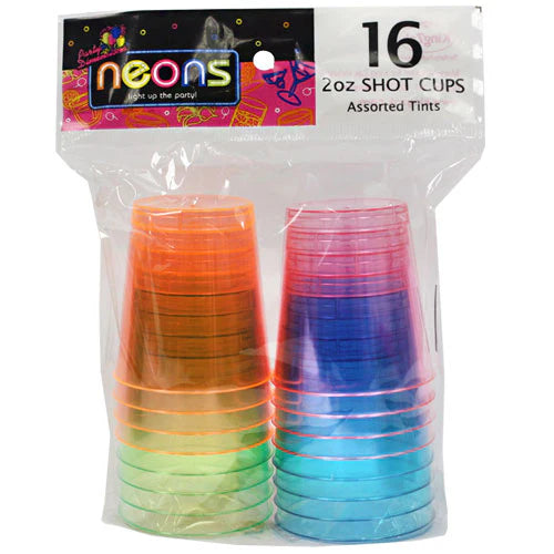 Neon Mix 2oz plastic tumblers, vibrant shot glasses for parties, bars, and events. Assorted neon colors, reusable or disposable, perfect for drinks, tastings, and glow parties. Fun and festive design.