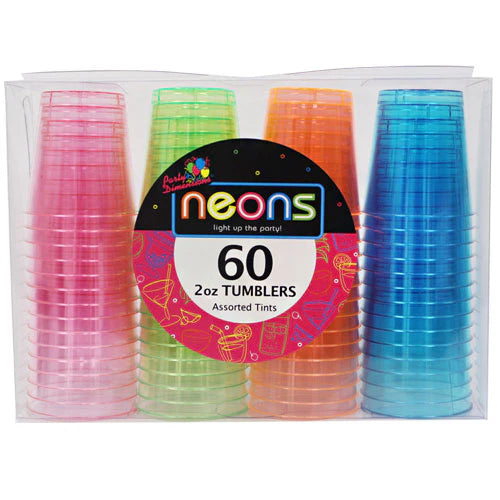 Neon Mix 2 oz Tumbler set, vibrant plastic shot glasses for parties, bars, and events. Assorted neon colors, boxed for storage or gifting. Reusable or disposable, perfect for drinks, tastings, and more.