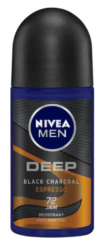 Nivea Men Roll-On Deep Black Charcoal Espresso, 50 ml, deodorant with charcoal formula for sweat protection and a subtle masculine Espresso scent.