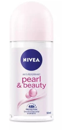 Nivea Pearl & Beauty roll-on deodorant, 50 ml, with pearl extracts for long-lasting freshness and smooth underarms.
