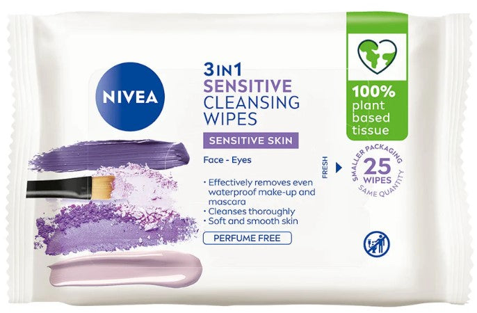 Nivea 3-in-1 Sensitive Cleansing Wipes, 25 Pack gentle wipes for cleansing, makeup removal, and refreshing sensitive skin