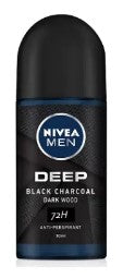 Nivea Men Roll-On Deep Black Charcoal Dark Wood, 50 ml, deodorant with charcoal formula for sweat and odor protection and a masculine scent.