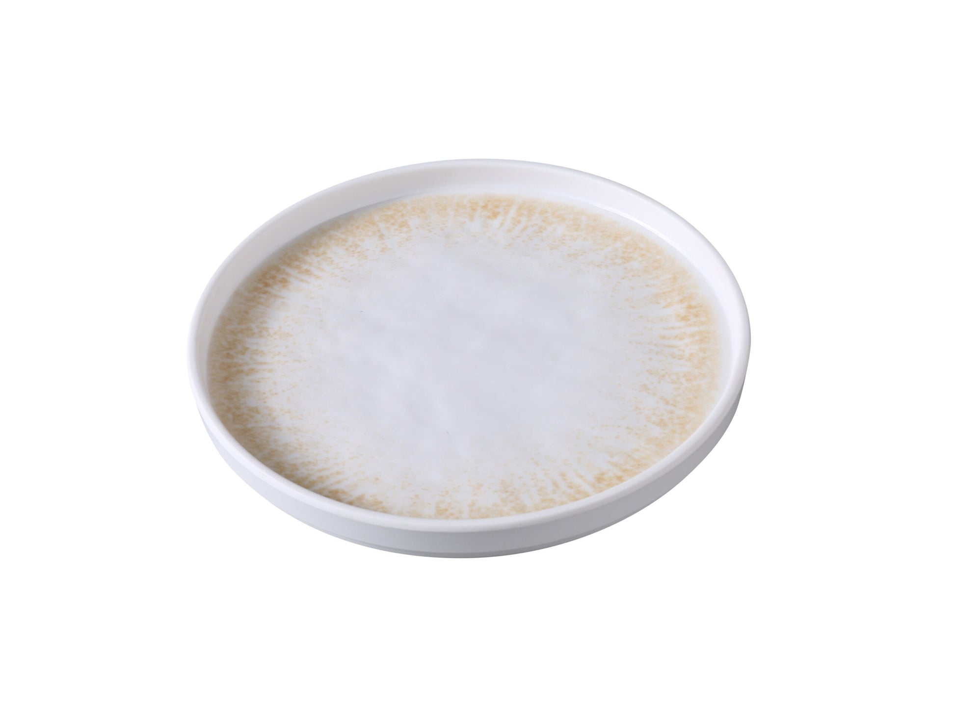 Yanco Round Plate With Upright Rim OP-106 is crafted from durable melamine and showcases a warm white and brown color palette with a golden design and textured finish. Measuring 6 1/2" in diameter with a 3/4" upright rim, this plate is ideal for serving bread, butter, or small appetizers. Its elegant design adds a refined touch to both casual and formal table settings, making it perfect for restaurants, banquets, and catered events.