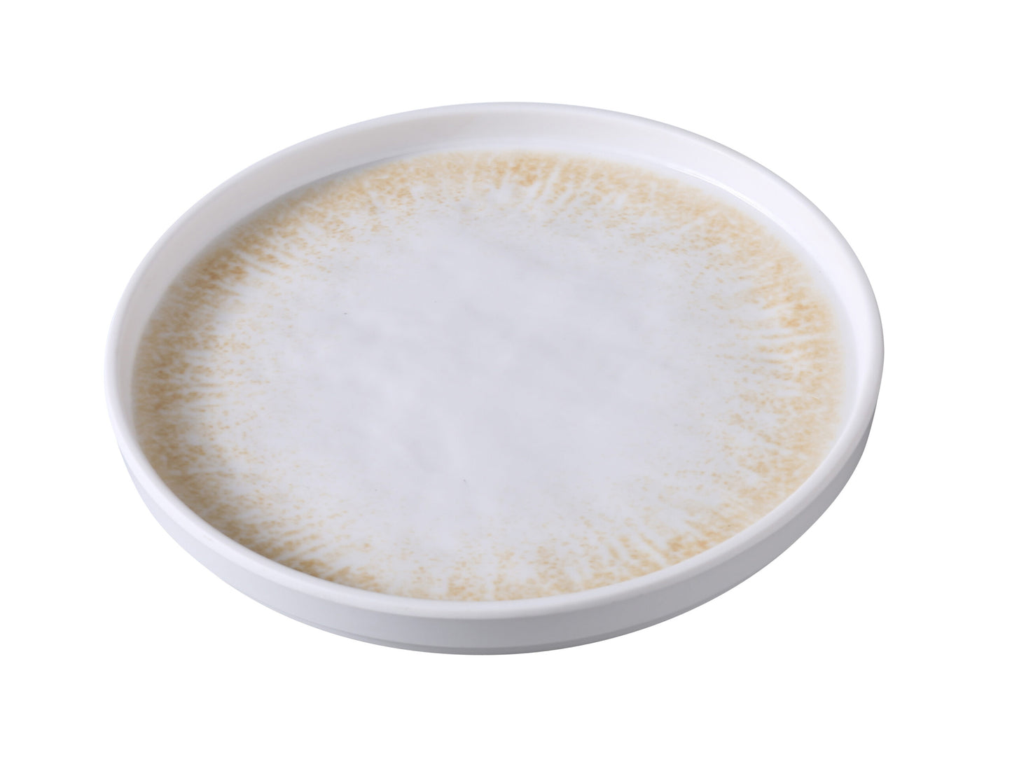 Yanco Round Plate With Upright Rim OP-108 is crafted from durable melamine and showcases a warm white and brown color palette with a golden design and textured finish. Measuring 8 1/8" in diameter with a 3/4" upright rim, this plate is ideal for serving bread, butter, or small appetizers. Its elegant design adds a refined touch to both casual and formal table settings, making it perfect for restaurants, banquets, and catered events.