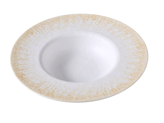 Yanco Soup/Pasta Bowl OP-511 delivers a perfect blend of elegance and durability for any foodservice setting. Made from long-lasting melamine, this bowl features a broad surface with gently sloped sides, making it an excellent choice for soups, pastas, or entrée salads. Its textured surface and sophisticated design elevate the dining experience with a white and brown color palette accented in gold.