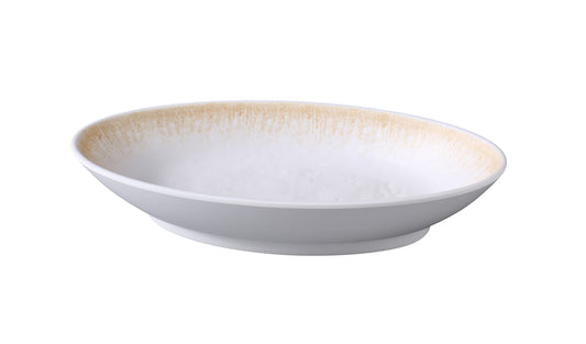 Yanco Deep Oval Bowl OP-810 is an elegant choice for serving appetizers, side dishes, or small entrees. Made from durable melamine, this 18 oz bowl features a golden-accented, textured finish that adds visual appeal to any tabletop. Its sleek oval shape and shallow depth make it perfect for refined food presentations in restaurants, buffets, or catered settings.