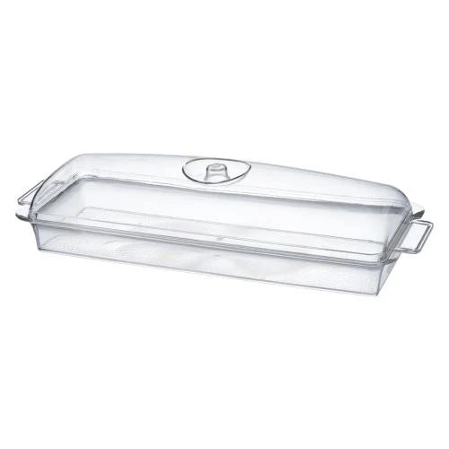 Clear tray with dome lid in rectangle, oblong, and square shapes, ideal for serving appetizers, pastries, and desserts while keeping food fresh at catering events, parties, and gatherings.