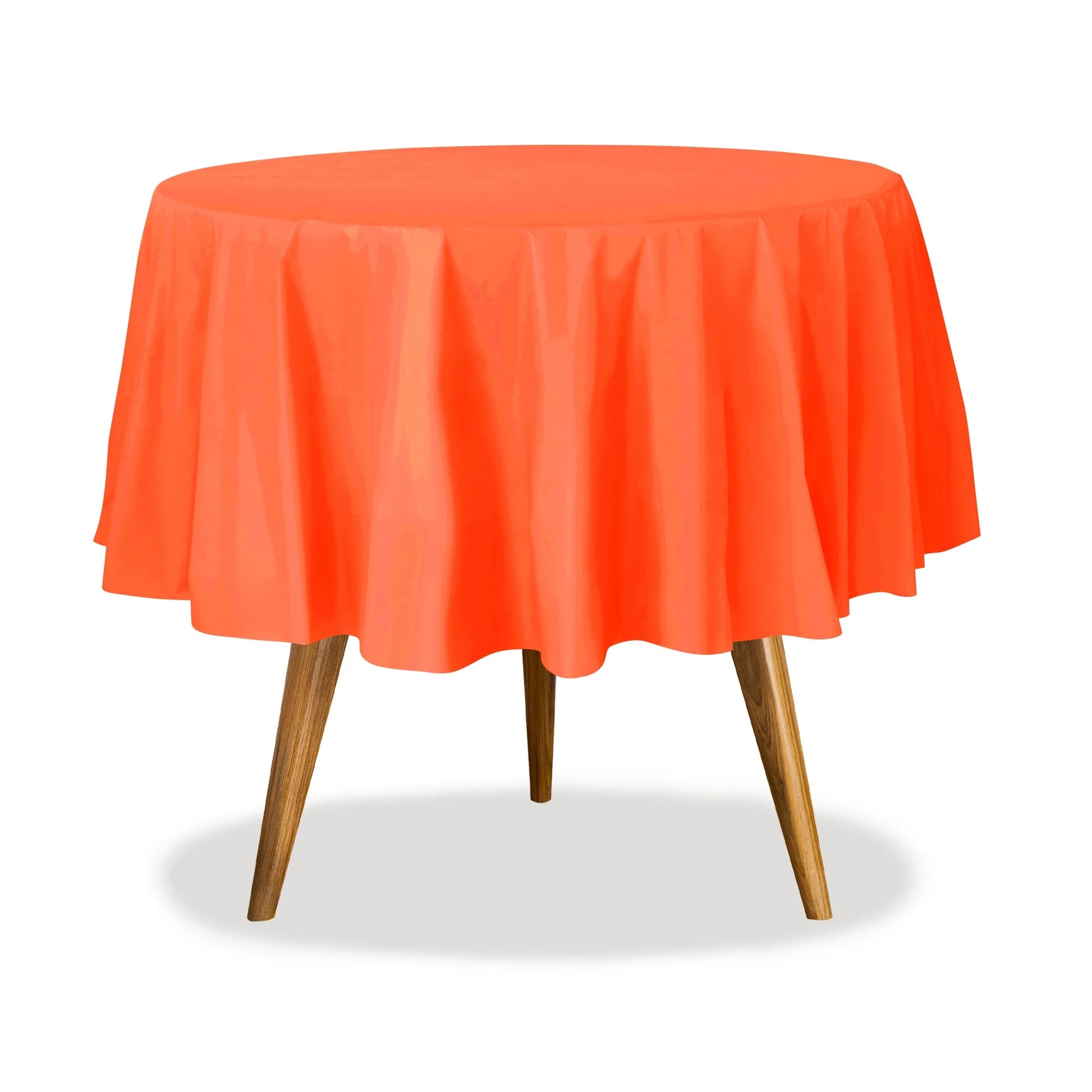84" round table cover in white, red, blue, gold, yellow, black, silver, lime green, hot pink, orange, purple, and green. Durable, disposable, and perfect for events, parties, and catering.