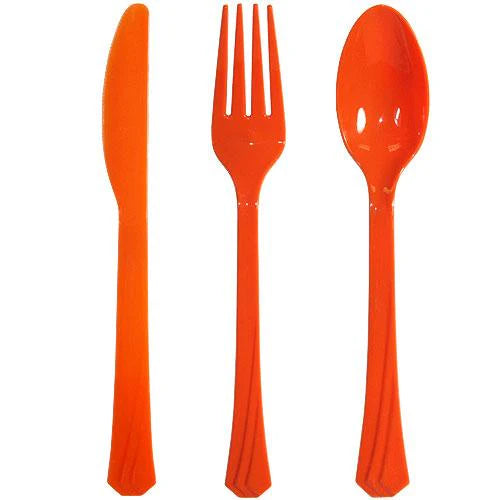Plastic cutlery combo set with forks, knives, and spoons in Clear, Pearl, Yellow, Pink, Hydrangea, Light Blue, Silver, Gold, Island Blue, Red, Orange, Blue, Black, Hot Pink & Lime Green.