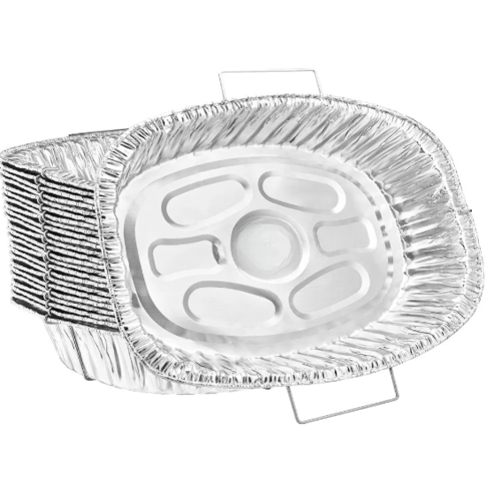 Oval aluminum rack roaster with handles for turkey, chicken, and ham. Sturdy, disposable, and perfect for home cooking, catering, and holiday meals. Ensures even cooking and easy handling.