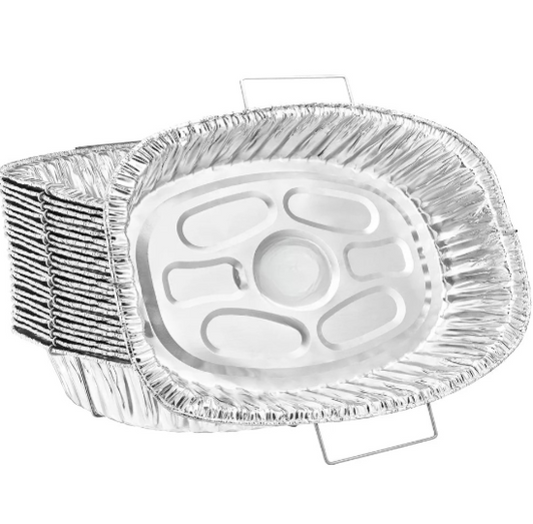 Oval aluminum rack roaster with handles for turkey, chicken, and ham. Sturdy, disposable, and perfect for home cooking, catering, and holiday meals. Ensures even cooking and easy handling.