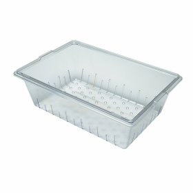 Stanton Trading 5" deep colander, clear polycarbonate designed to fit food storage boxes measuring 18" x 26" with a depth of 6" or more, features perforations for efficient drainage, making it ideal for food prep and storage.