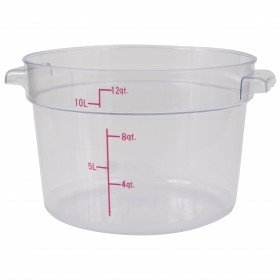 12-quart capacity, round food storage container stanton trading made from clear polycarbonate. It features measurement markings for easy portioning and inventory management.
