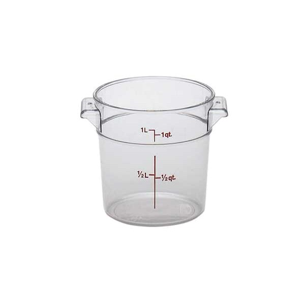 22-quart capacity, round food storage container stanton trading made from clear polycarbonate. It features measurement markings for easy portioning and inventory management.