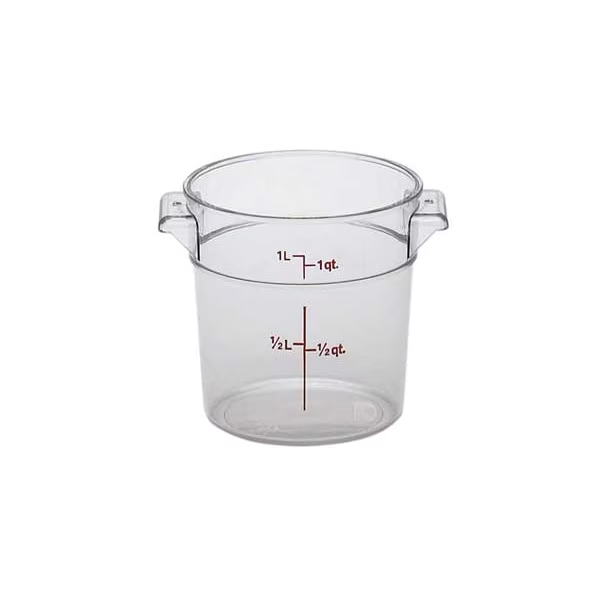 6-quart capacity, round food storage container stanton trading made from clear polycarbonate. It features measurement markings for easy portioning and inventory management.