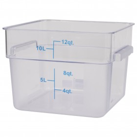 12-quart capacity, clear, square polycarbonate food storage container stanton trading. The container features measurement markings in liters and quarts for accurate portioning. It has two small side handles for easy lifting and a smooth, transparent surface for quick visibility of contents.