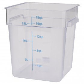 18-quart capacity, clear, square polycarbonate food storage container stanton trading. The container features measurement markings in liters and quarts for accurate portioning. It has two small side handles for easy lifting and a smooth, transparent surface for quick visibility of contents.