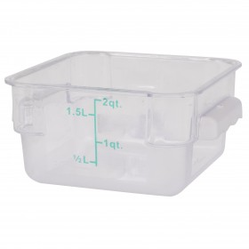 2-quart capacity, clear, square polycarbonate food storage container stanton trading. The container features measurement markings in liters and quarts for accurate portioning. It has two small side handles for easy lifting and a smooth, transparent surface for quick visibility of contents.