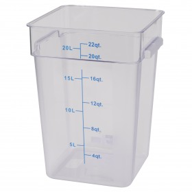 22-quart capacity, clear, square polycarbonate food storage container stanton trading. The container features measurement markings in liters and quarts for accurate portioning. It has two small side handles for easy lifting and a smooth, transparent surface for quick visibility of contents.
