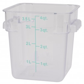 4-quart capacity, clear, square polycarbonate food storage container stanton trading. The container features measurement markings in liters and quarts for accurate portioning. It has two small side handles for easy lifting and a smooth, transparent surface for quick visibility of contents.