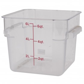 6-quart capacity, clear, square polycarbonate food storage container stanton trading. The container features measurement markings in liters and quarts for accurate portioning. It has two small side handles for easy lifting and a smooth, transparent surface for quick visibility of contents.