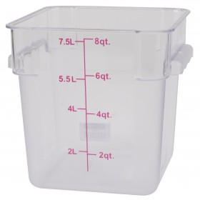 8-quart capacity, clear, square polycarbonate food storage container stanton trading. The container features measurement markings in liters and quarts for accurate portioning. It has two small side handles for easy lifting and a smooth, transparent surface for quick visibility of contents.