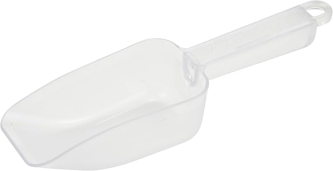 12oz clear polycarbonate scoop stanton trading with an ergonomic handle and a flat bottom, designed for easy scooping of dry goods, ice, or bulk ingredients. Durable and lightweight for everyday use.