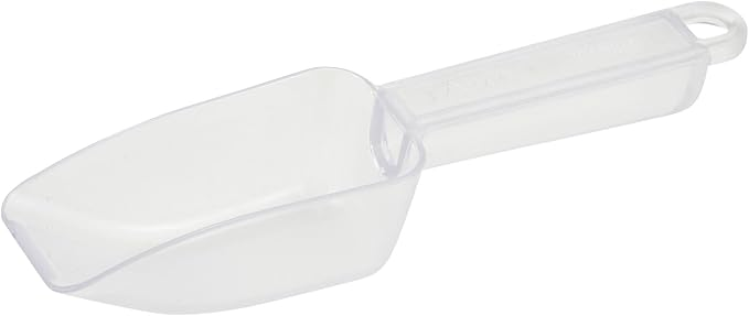6oz clear polycarbonate scoop stanton trading with an ergonomic handle and a flat bottom, designed for easy scooping of dry goods, ice, or bulk ingredients. Durable and lightweight for everyday use.