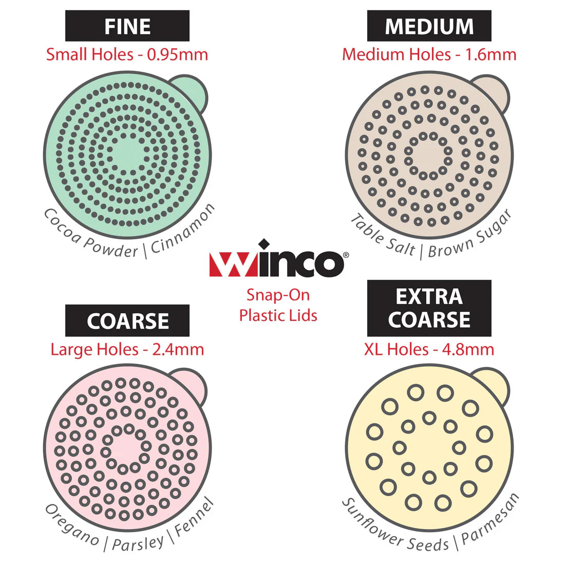 Winco PDG-10AC to 10Y, 10oz Diff Colors Dredge w/ Clear Snap-on Lid PC