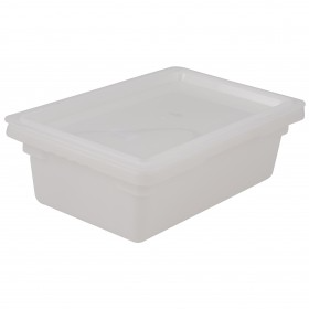 Stanton Trading 3-gallon capacity, white polyethylene food storage box with dimensions of 12" x 18" x 6". Designed for durable food storage, it is ideal for commercial kitchens and complies with NSF standards.