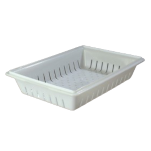 Stanton Trading 5" deep colander, white polycarbonate designed to fit food storage boxes measuring 18" x 26" with a depth of 6" or more. Ideal for efficient draining and rinsing of food items.