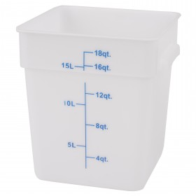Stanton Trading PES-18 White, square polyethylene food storage container with a 18-quart capacity. The container features easy-to-read measurement markings in liters and quarts on the side, ensuring accurate portioning and storage. Its durable design is ideal for kitchen and food service use.