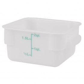 Stanton Trading PES-2 White, square polyethylene food storage container with a 2-quart capacity. The container features easy-to-read measurement markings in liters and quarts on the side, ensuring accurate portioning and storage. Its durable design is ideal for kitchen and food service use.