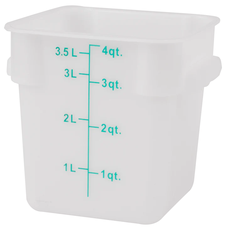 Stanton Trading PES-4 White, square polyethylene food storage container with a 4-quart capacity. The container features easy-to-read measurement markings in liters and quarts on the side, ensuring accurate portioning and storage. Its durable design is ideal for kitchen and food service use.