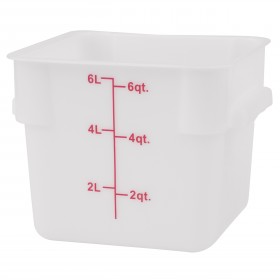 Stanton Trading PES-6 White, square polyethylene food storage container with a 6-quart capacity. The container features easy-to-read measurement markings in liters and quarts on the side, ensuring accurate portioning and storage. Its durable design is ideal for kitchen and food service use.