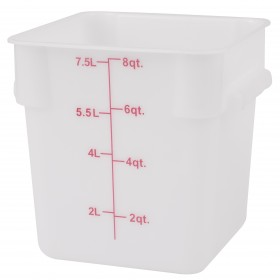 Stanton Trading PES-8 White, square polyethylene food storage container with a 8-quart capacity. The container features easy-to-read measurement markings in liters and quarts on the side, ensuring accurate portioning and storage. Its durable design is ideal for kitchen and food service use.