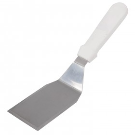 durable stainless steel turner with a 4" x 3" stiff blade stanton trading, featuring a sturdy white plastic handle for a comfortable grip and precise control, ideal for flipping and serving.