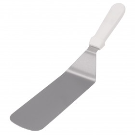 8" x 3" solid stainless steel turner stanton trading with a white plastic handle, designed for effortless flipping and serving of larger foods, providing durability and a comfortable grip.