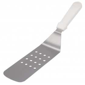 durable 8" x 3" perforated stainless steel turner stanton trading with a white plastic handle, ideal for flipping and draining excess grease or liquids from foods while ensuring a secure and comfortable grip.