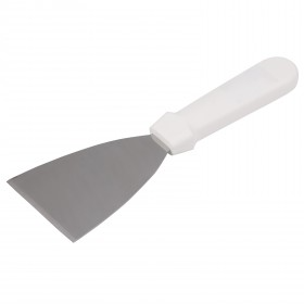 3-inch wide pan scraper stanton trading with a durable stainless steel blade and a comfortable white plastic handle. Ideal for removing baked-on food, grease, and residue from pans, griddles, and other kitchen surfaces.