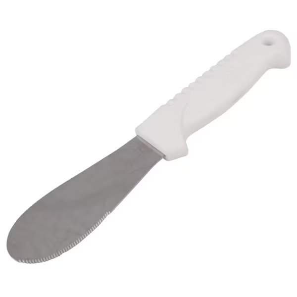 sandwich spreader stanton trading with a serrated stainless steel blade and a white plastic handle. The wide, rounded blade is designed for spreading condiments, while the serrated edge allows for light cutting. The ergonomic plastic handle features a textured grip and a hole for easy hanging storage.