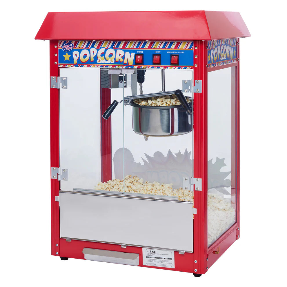 Winco POP-8R, 8oz 120V Red Electric Popcorn Machine, Teflon Bowl
