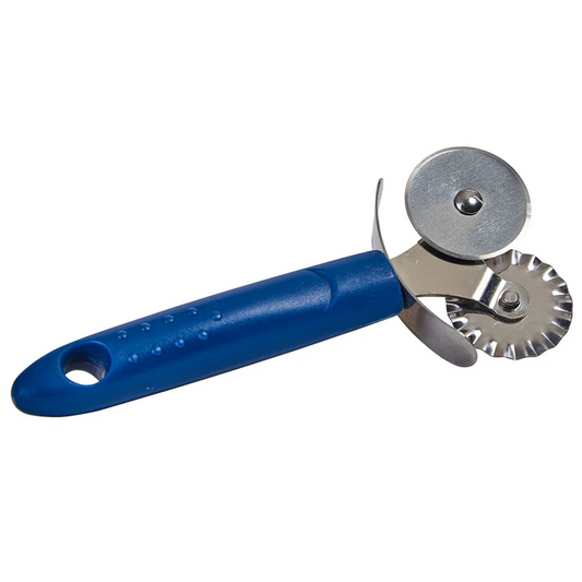 Double Pastry Wheel 12/Pack is a double pastry wheel with two stainless steel blades, it is designed with a fluted wheel and a flat wheel. Features a hanging hole for convenient storage. This model is also dishwasher safe and features a safety guard for improved protection from the blades.